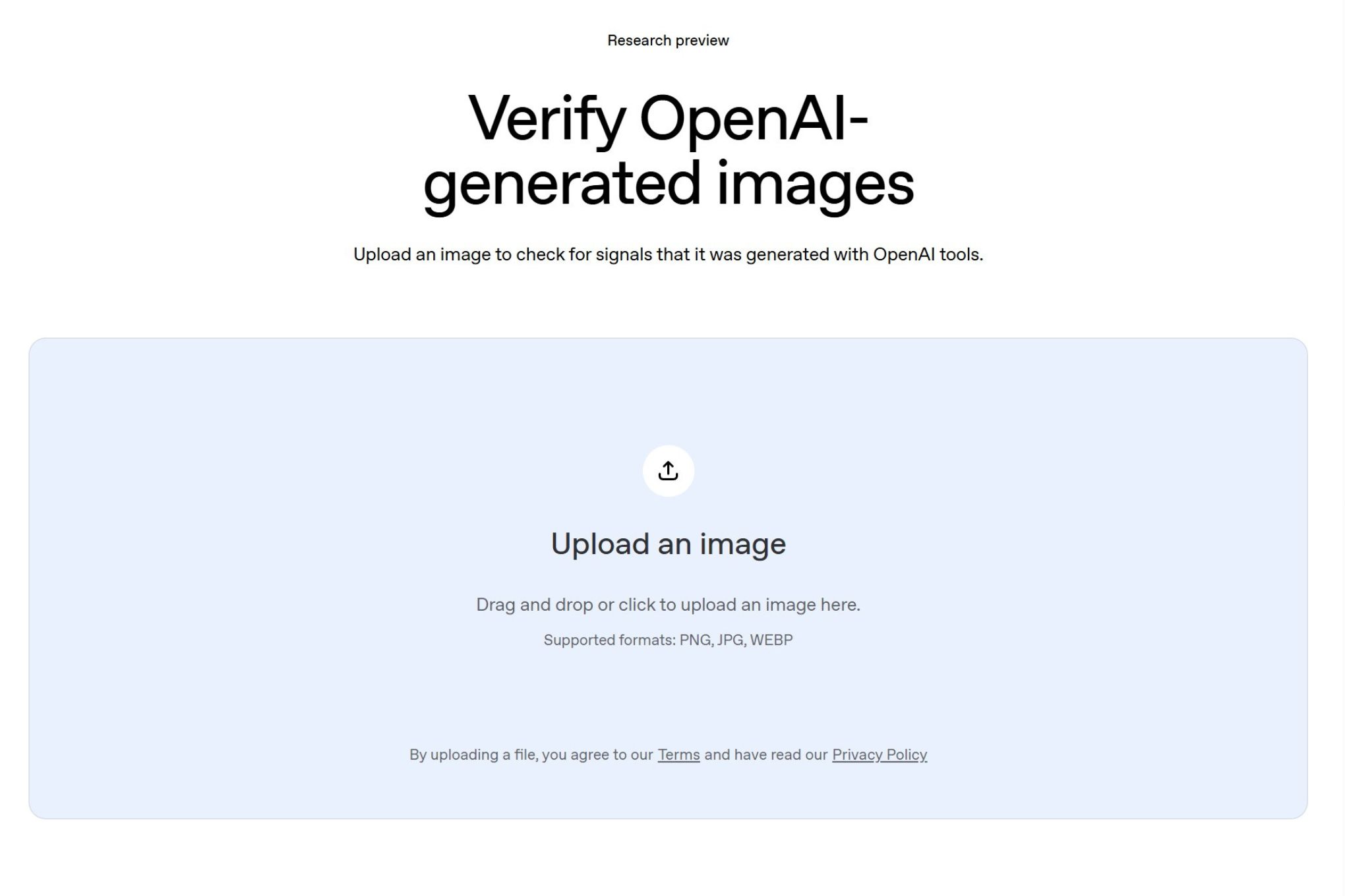 Screenshot of OpenAI’s image verification portal as shown in The Verge’s coverage of the launch.