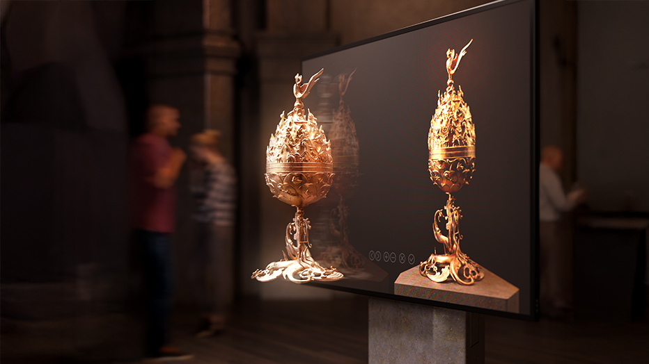 A Samsung display demonstration image showing a screen presenting a depth-rich object, used for editorial coverage of Samsung and POSTECH switchable 2D to 3D display research.